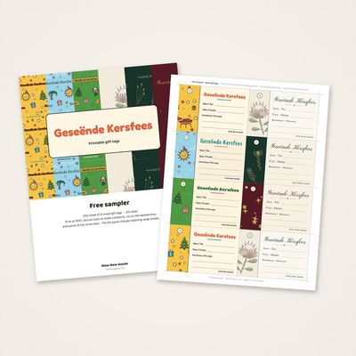 Free sampler cover and one US Letter sheet of 8 mixed "Geseënde Kersfees" gift tags in six designs, each with Aan / To, Van / From and Boodskap / Message lines