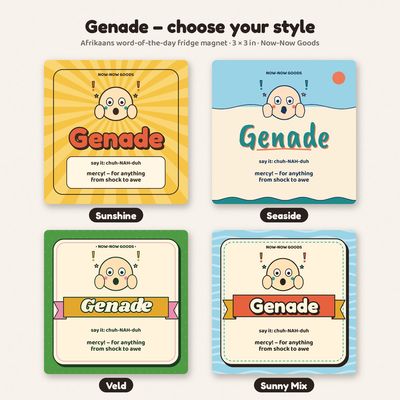 The Genade magnet in all four styles: Sunshine, Seaside, Veld and Sunny Mix