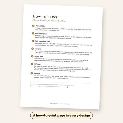 The how-to-print page that comes with every design, covering paper, margins and cutting