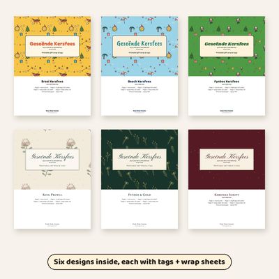 Cover pages of the six printable designs: Braai Kersfees, Strand Kersfees, Fynbos Kersfees, Koningsprotea, Fynbos en Goud and Kersfees Skrif