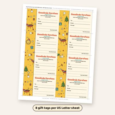 A US Letter page of 8 Braai Kersfees gift tags, 3.75 × 2.5 in each, with Aan / To, Van / From and Boodskap / Message lines