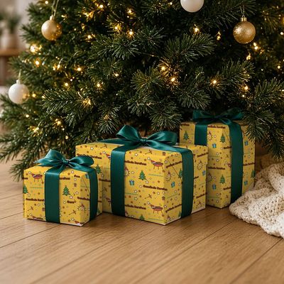 Braai Kersfees wrapping paper roll, 30 x 72 in: Gifts wrapped in the paper under a lit Christmas tree, oak floor, knit throw