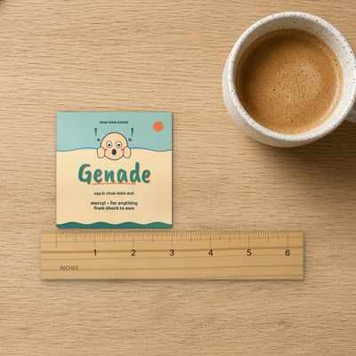 Genade magnet (Seaside): Top-down on oak with inch ruler (real marks), coffee mug and kraft paper