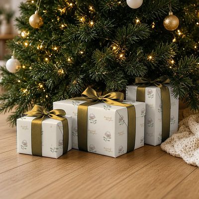 Koningsprotea wrapping paper roll, 30 x 72 in: Gifts wrapped in the paper under a lit Christmas tree, oak floor, knit throw
