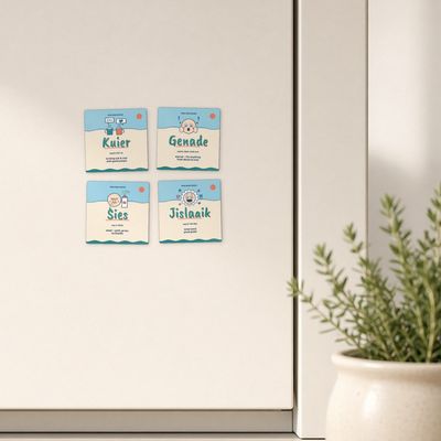 Launch 4-pack (Seaside): All 4 on a cream enamel door next to a herb pot